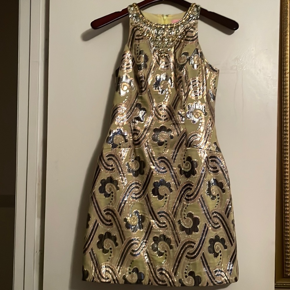 Lily Pulitzer pearl Dress Kelp Green Metallic Vintage Brocade
